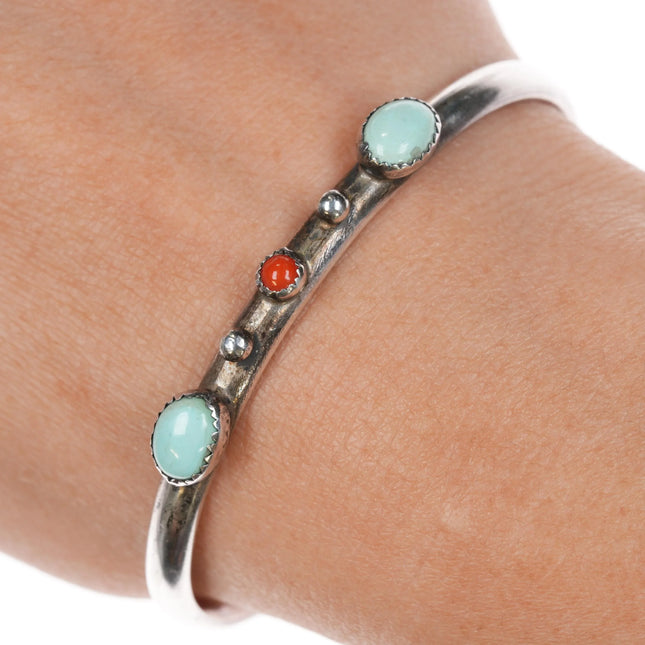 6.5" 60's-70's Navajo sterling turquoise, and coral slim sturdy cuff bracelet - Estate Fresh Austin