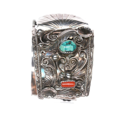 7" RM Navajo sterling, turquoise, and coral watch cuff bracelet w/ Helbros