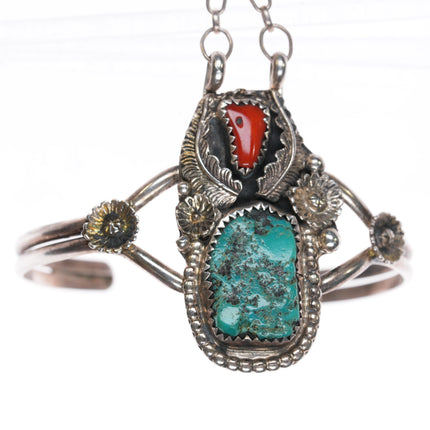 6" AK Navajo Cuff sz9.5 ring sterling turquoise, and coral "Slave Bracelet"