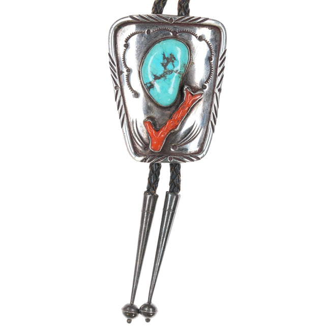 c1970 Benson Yazzie Navajo sterling, turquoise/branch coral bolo tie