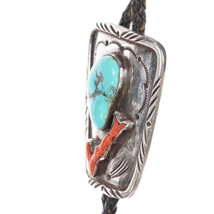 c1970 Benson Yazzie Navajo sterling, turquoise/branch coral bolo tie