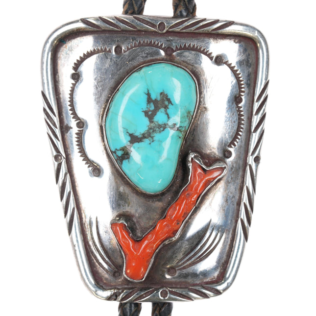 c1970 Benson Yazzie Navajo sterling, turquoise/branch coral bolo tie