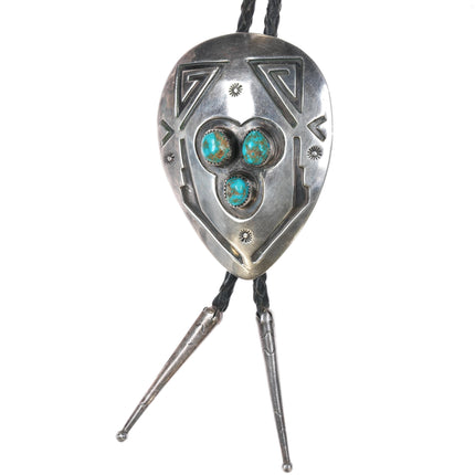 c1960 c-31 Navajo Overlay turquoise Large bolo tie sterling silver