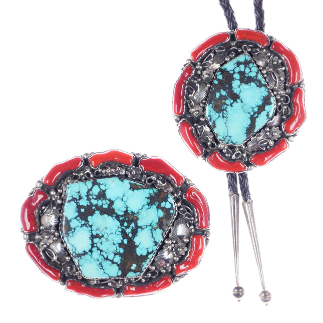 Rose Castillo Draper Navajo Large Sterling turquoise/coral Bolo/belt buckle set - Estate Fresh Austin