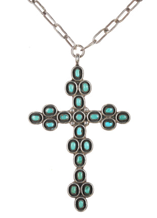 Nice Vintage Zuni sterling turquoise cluster cross pendant/necklace