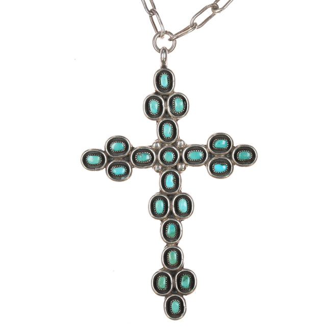 Nice Vintage Zuni sterling turquoise cluster cross pendant/necklace