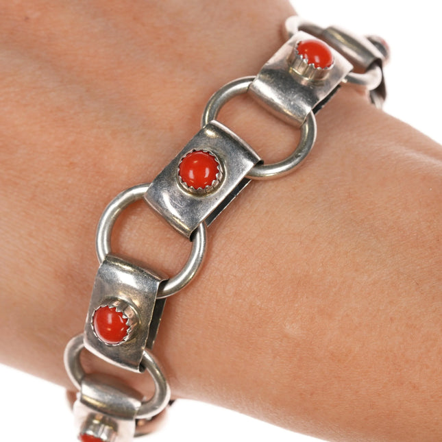 7" Harvey Mace Navajo thick sterling/coral link bracelet - Estate Fresh Austin