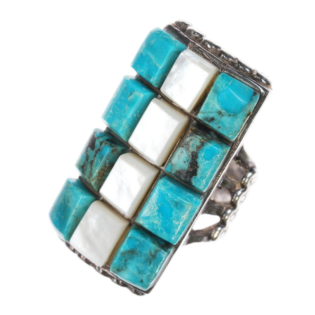 sz8.25 Large Vintage Zuni sterling turquoise/shell cobblestone ring