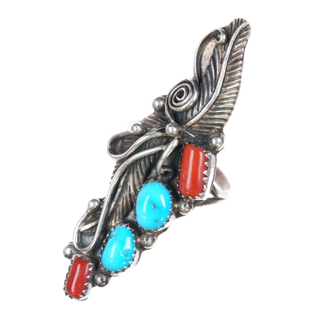 sz9 1970's Sterling - Turquoise and coral long ring w/ blossom/feather