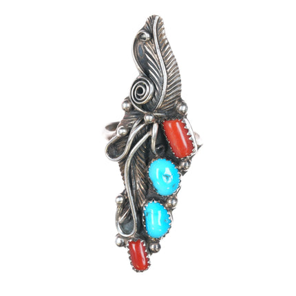 sz9 1970's Sterling - Turquoise and coral long ring w/ blossom/feather