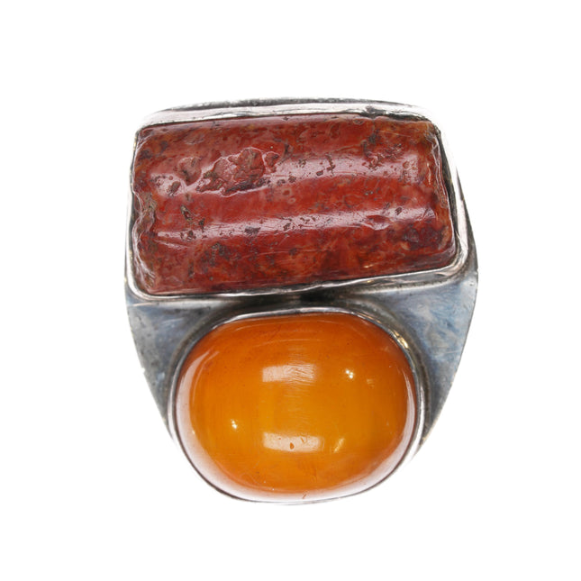 sz10.5 (Adjustable) Rebecca Collins Butterscotch Amber/Coral sterling ring