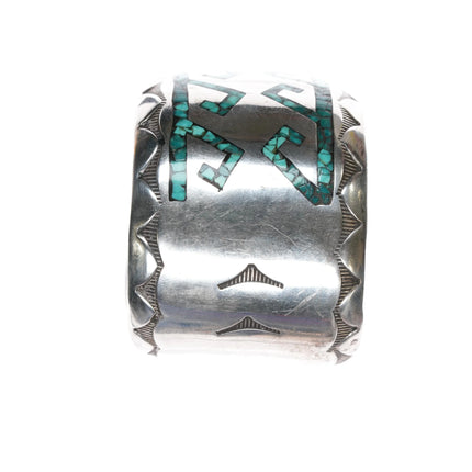 6.75" 1970's Navajo sterling chip inlay wide band cuff bracelet - Estate Fresh Austin