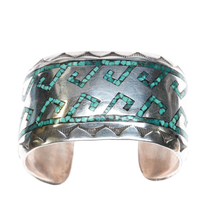 6.75" 1970's Navajo sterling chip inlay wide band cuff bracelet - Estate Fresh Austin