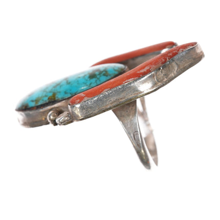 sz7.5 1970's Navajo Branch coral turquoise sterling ring