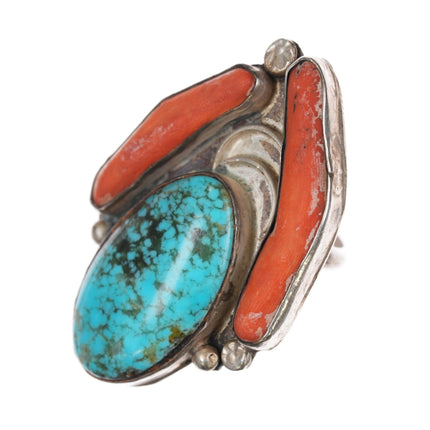 sz7.5 1970's Navajo Branch coral turquoise sterling ring