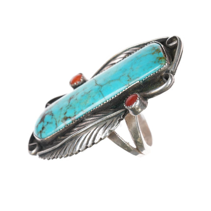 sz860's-70's Navajo sterling long turquoise/coral snake eye ring