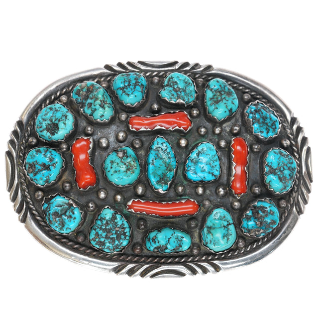 60's-70's Large GY Native American sterling turquoise nugget coral belt buckle