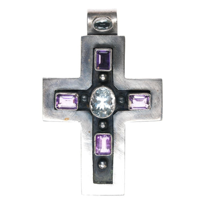 DB Southwestern sterling amethyst aquamarine gemset cross pendant