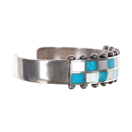 6 3/8" Vintage Zuni Checkered turquoise/shell channel inlay sterling cuff bracelet