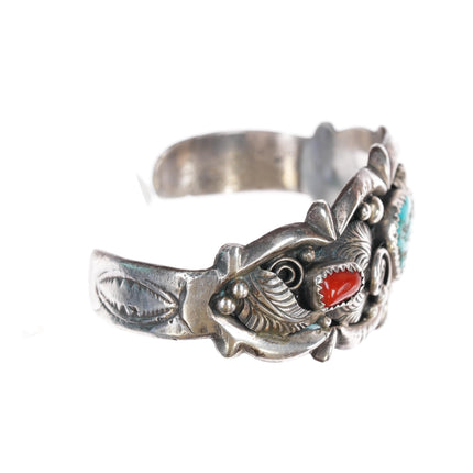 6 1/8" c1960 Zuni silver applied feather sterling turquoise/coral cuff bracelet