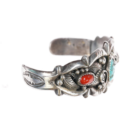 6 1/8" c1960 Zuni silver applied feather sterling turquoise/coral cuff bracelet