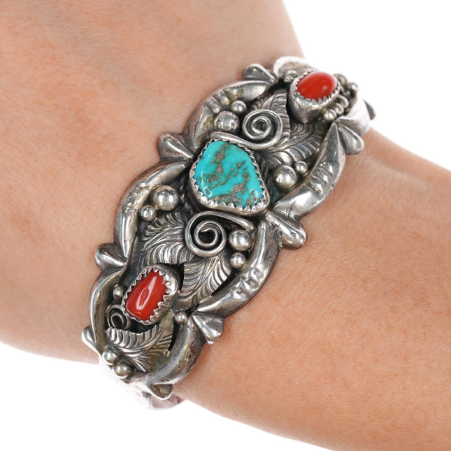6.12" c1960 Zuni silver applied feather sterling turquoise/coral cuff bracelet - Estate Fresh Austin