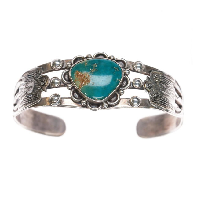 6.25" c1940's Navajo Fred Harvey thunderbird cuff bracelet with gem turquosie - Estate Fresh Austin