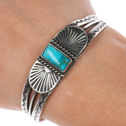 6.25" 30's-40's Navajo silver cuff bracelet with small turquoise - Estate Fresh Austin