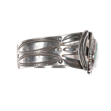 6.25" Large 30's-40's Navajo heavily stamped silver cuff bracelet w/turquoise - Estate Fresh Austin