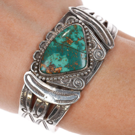 6.25" Large 30's-40's Navajo heavily stamped silver cuff bracelet w/turquoise - Estate Fresh Austin