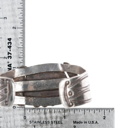 6.25" Large 30's-40's Navajo heavily stamped silver cuff bracelet w/turquoise - Estate Fresh Austin