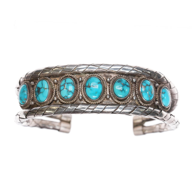 6.5" c1940's Navajo silver natural spiderweb turquoise woven cuff bracelet