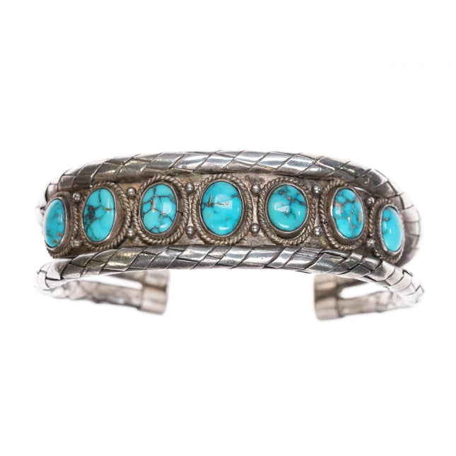 6.5" c1940's Navajo silver natural spiderweb turquoise woven cuff bracelet - Estate Fresh Austin