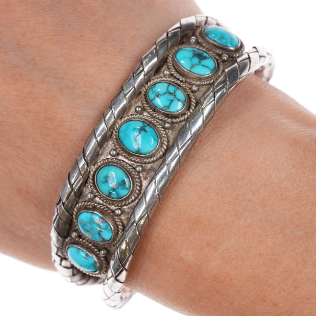 6.5" c1940's Navajo silver natural spiderweb turquoise woven cuff bracelet