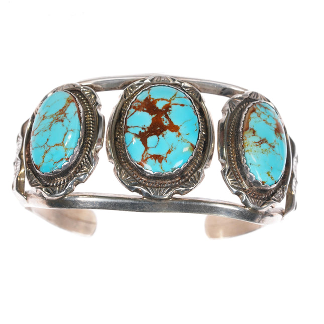 6.75" Vintage Native American sterling 3 turquoise cuff bracelet w/Brown matrix