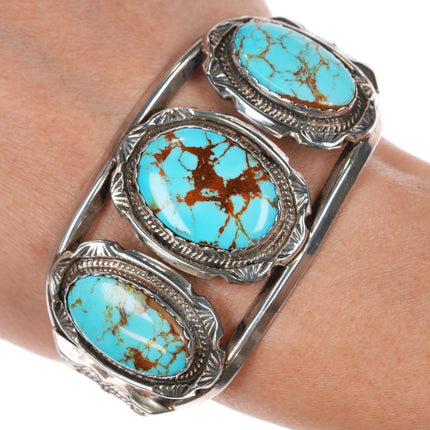 6.75" Vintage Native American sterling 3 turquoise cuff bracelet w/Brown matrix