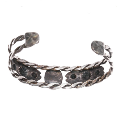 6.625" c1940's Fred Harvey era twisted sterling wire turquoise cuff bracelet - Estate Fresh Austin