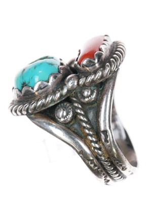 sz10 SC Navajo sterling, turquoise, and coral ring