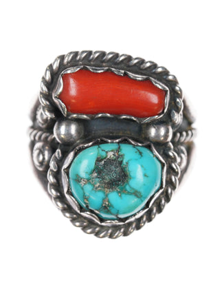 sz10 SC Navajo sterling, turquoise, and coral ring