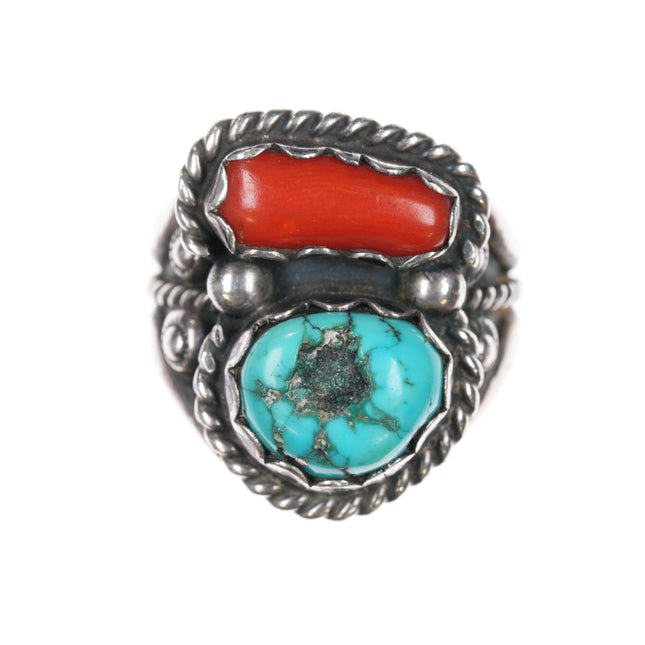 sz10 SC Navajo sterling, turquoise, and coral ring