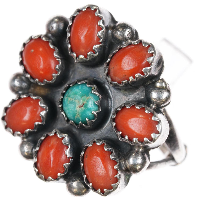 sz5 vintage Native American sterling turquoise coral cluster ring