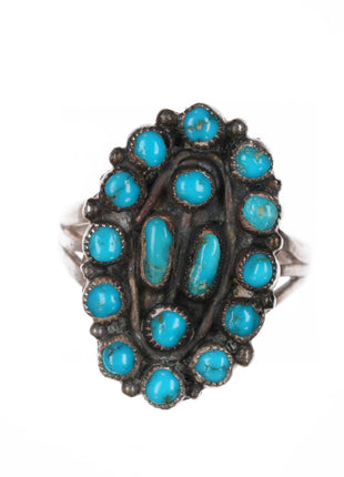 sz6 c1940's Zuni gem turquoise sterling cluster ring