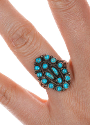 sz6 c1940's Zuni gem turquoise sterling cluster ring