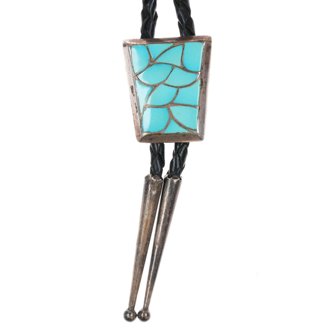 38" Edison & Laurenda Bobelu Zuni sterling turquoise channel inlay bolo tie - Estate Fresh Austin