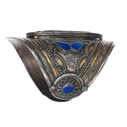 7" Antique Afghan tribal gilt sterling silver cuff bracelet w/ lapis lazuli