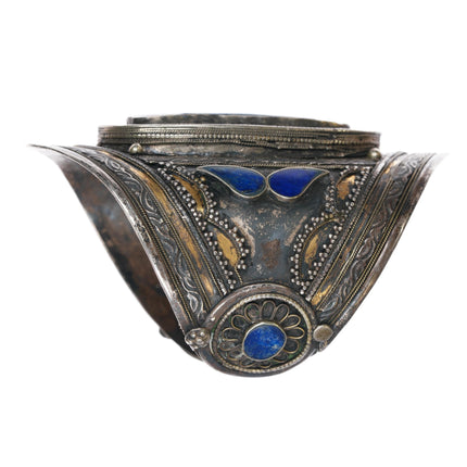 7" Antique Afghan tribal gilt sterling silver cuff bracelet w/ lapis lazuli