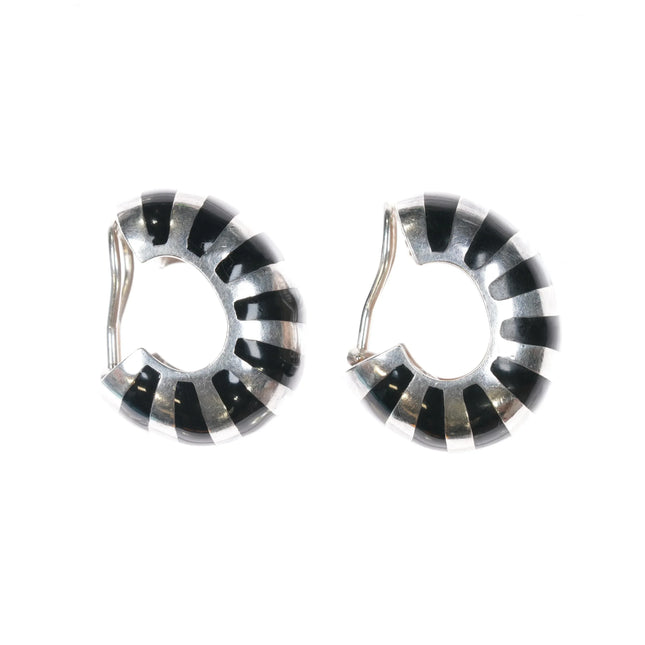 1980's Tiffany Sterling Black Enamel Guilloche Clip On Earrings - Estate Fresh Austin