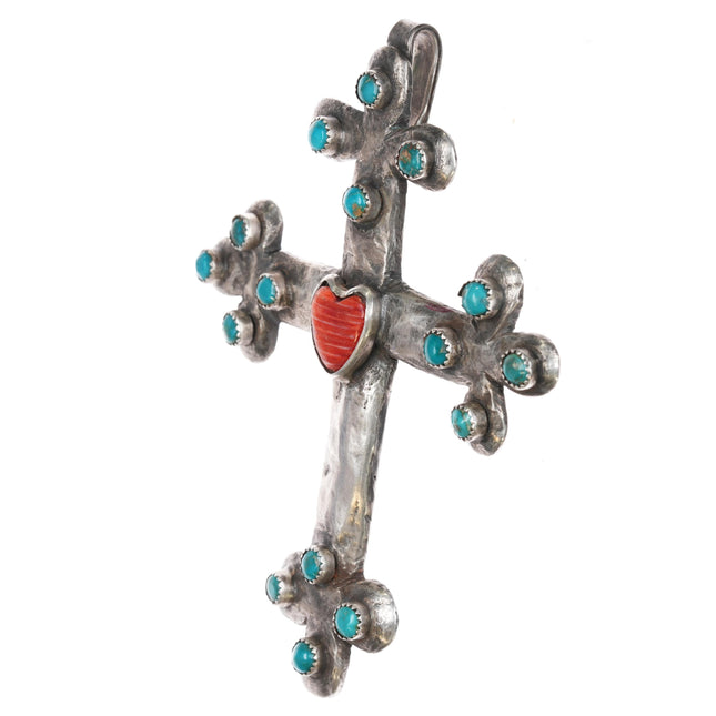 Large Mose Southwestern sterling turquoise, spiny oyster heart cross pendant