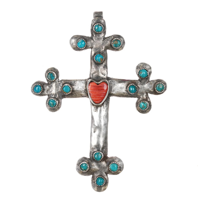 Large Mose Southwestern sterling turquoise, spiny oyster heart cross pendant - Estate Fresh Austin