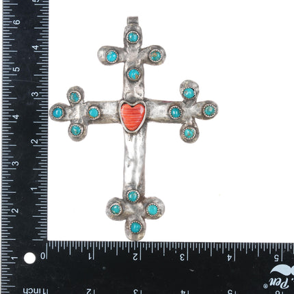 Large Mose Southwestern sterling turquoise, spiny oyster heart cross pendant